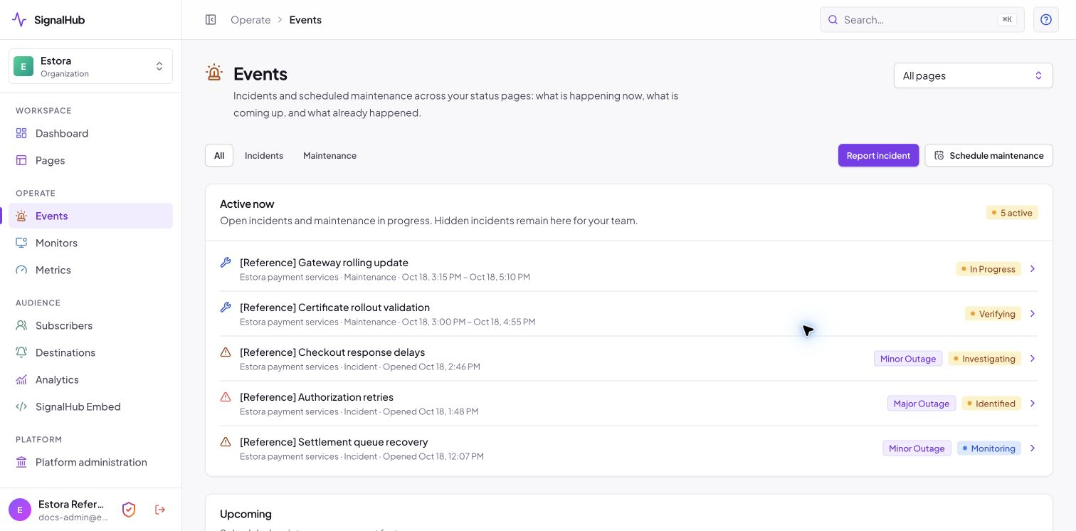 Estora events showing reference incidents, maintenance in progress, and scheduled work