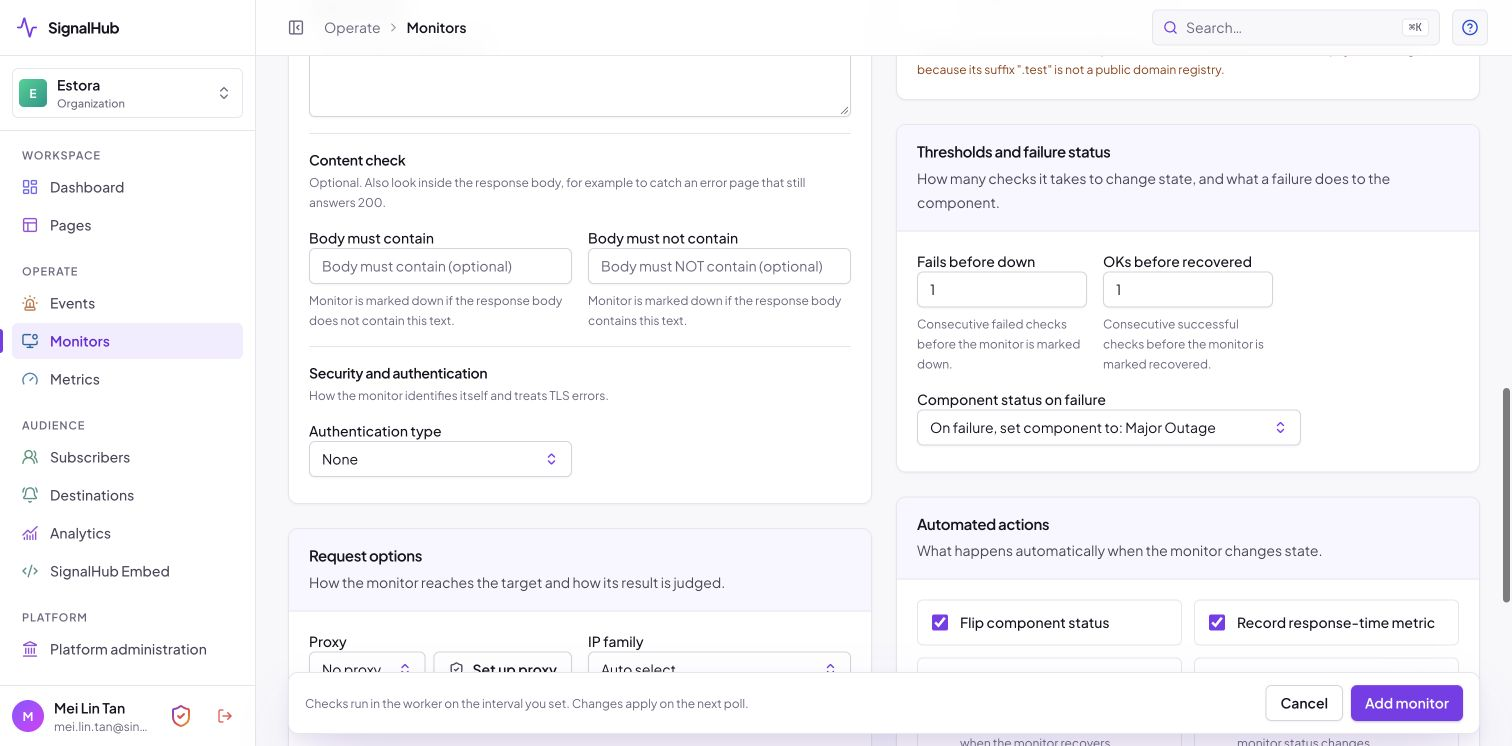 Monitor request, content check and authentication options