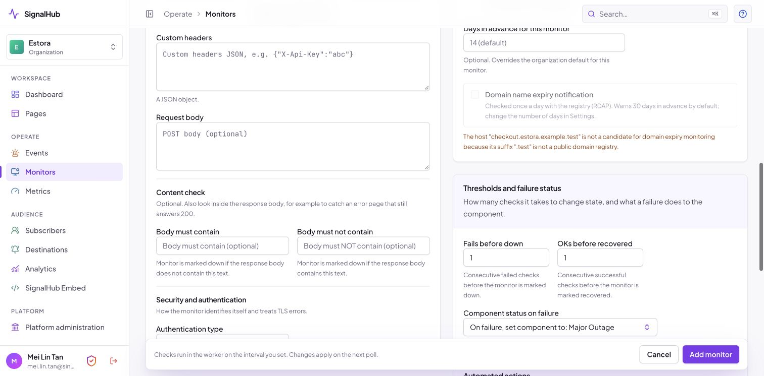 Thresholds, failure status and automated actions