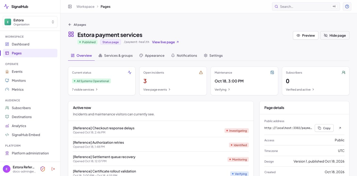 Estora payment services page management with health, events, audience counts, and page settings