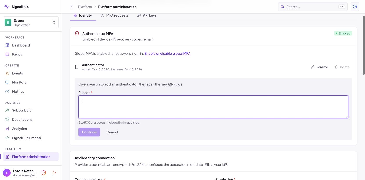 Administrator audit reason before adding an authenticator