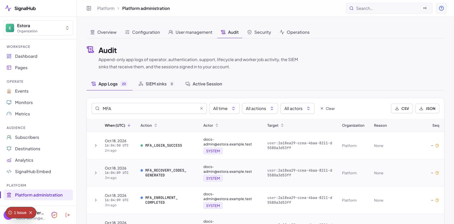 Audit log with MFA events sealed into the hash chain
