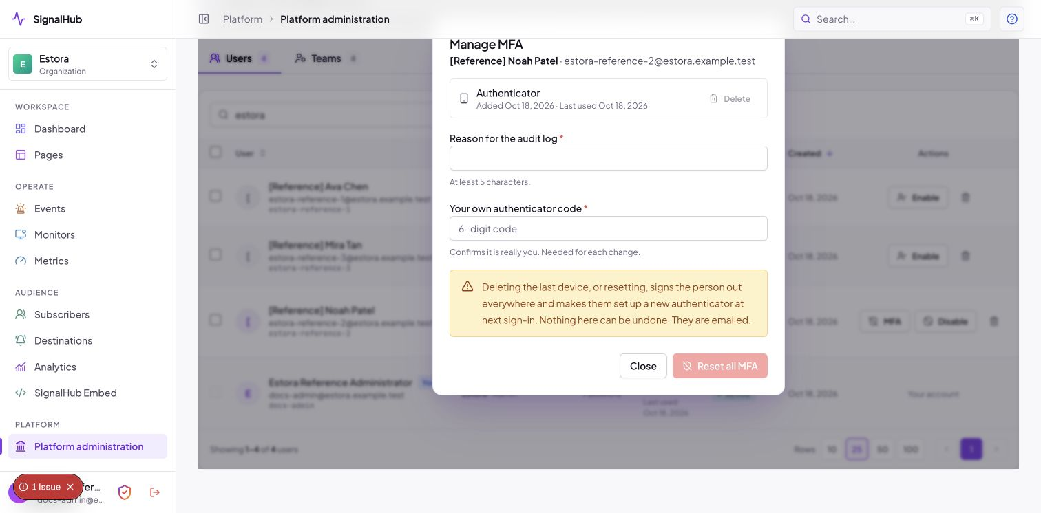 Manage MFA dialog listing a person's devices