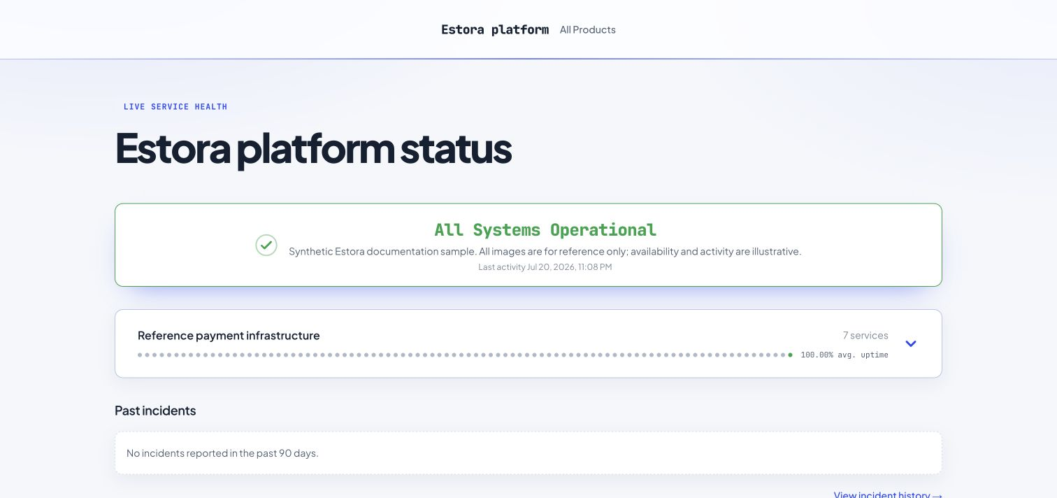 Estora platform status: an operational public page with a collapsed service group and uptime summary
