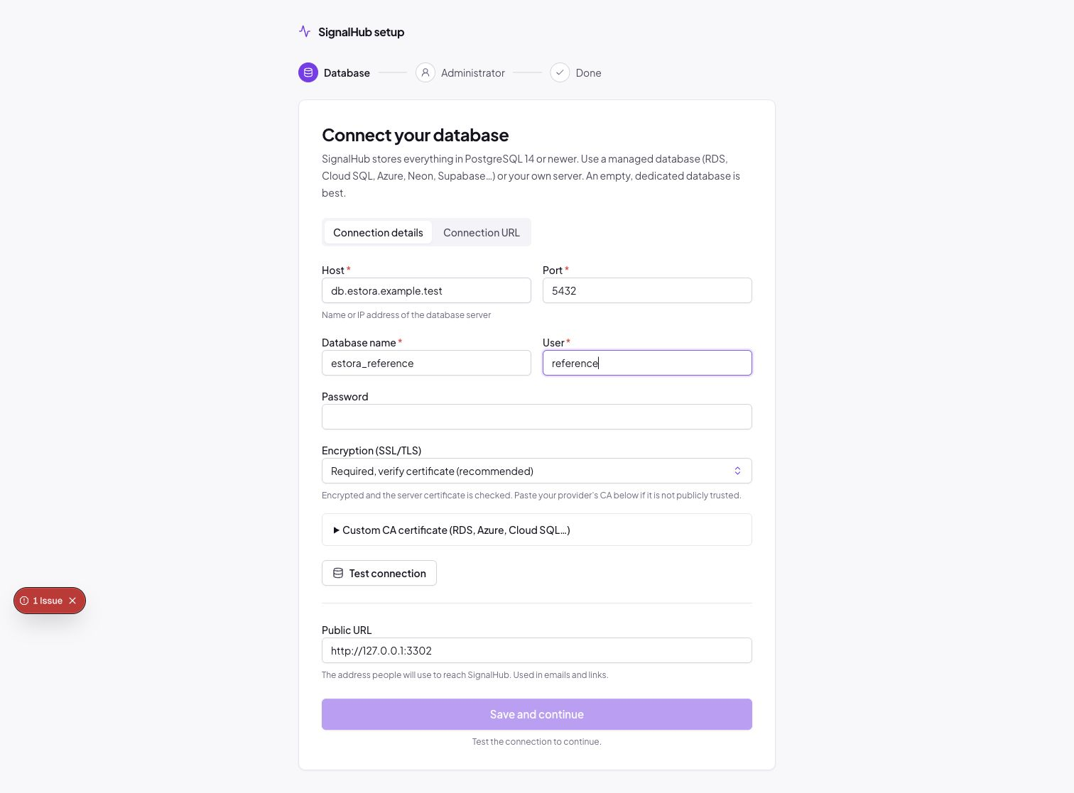 Setup wizard database connection fields